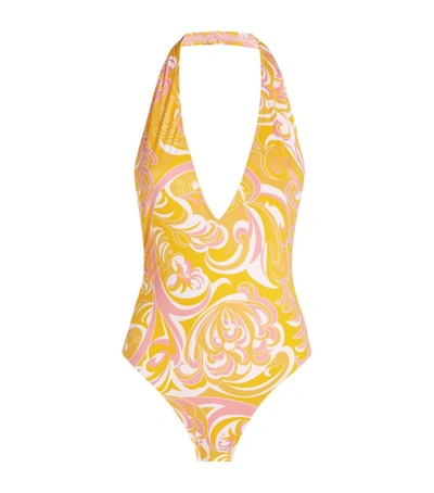 Emilio Pucci Albizia Print Halterneck Swimsuit In Yellow