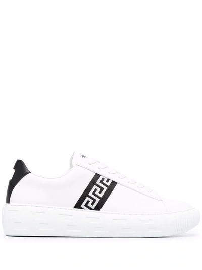Versace La Greca Sneakers In White Leather In Multi-colored