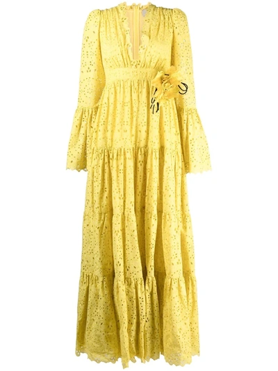 Elie Saab Cotton Blend Embroidered Long Dress In Yellow