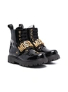 MOSCHINO LOGO-STRAP PATENT LACE-UP BOOTS