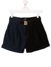 Balmain Kids Shorts In Blue And Black Denim With Monogram Buckle In Blue
