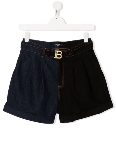 Balmain Kids Shorts In Blue And Black Denim With Monogram Buckle In Black & Navy