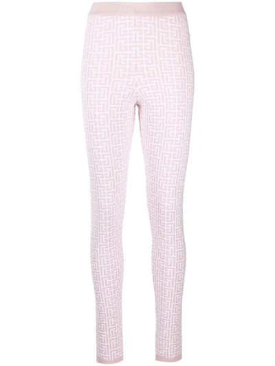Balmain 经典logo提花针织打底裤 In White/pink