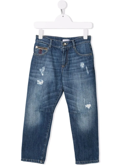 Brunello Cucinelli Kids' Distressed-finish Straight Jeans In Blue