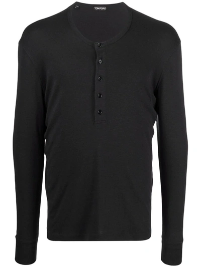 Tom Ford Cotton Stretch Rib Henley T-shirt In Black