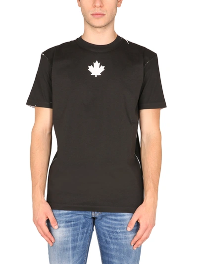 Dsquared2 Cotton T-shirt With Contrast Canadian Leaf Print In Black