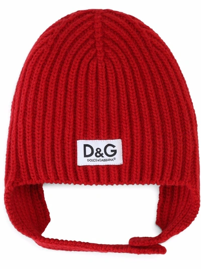 Dolce & Gabbana Babies' Ribbed Knit Hat With Logo Label In Red