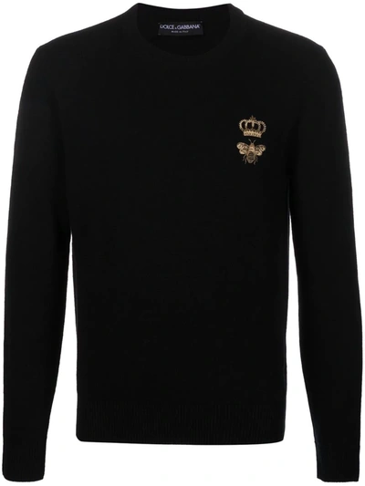Dolce & Gabbana Round-neck Wool Sweater With Embroidery In Blue