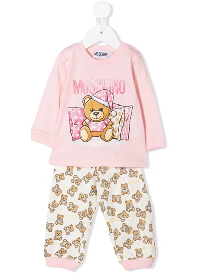 Moschino Babies' Teddy Bear-print Cotton Trouser Set In Pink