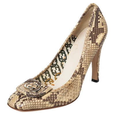 Pre-owned Gucci Brown/beige Python Gg Square Toe Pumps Size 38.5