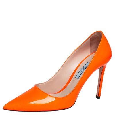 Pre-owned Prada Orange Patent Leather Pointed Toe Pumps Size 36.5