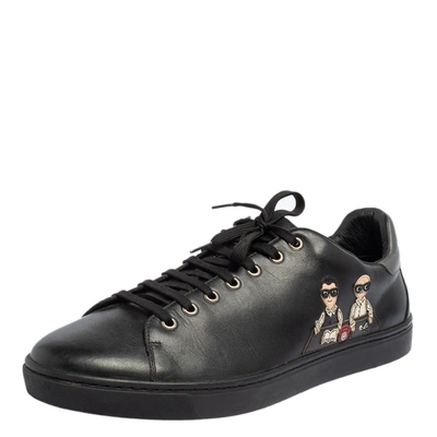 Pre-owned Dolce & Gabbana Black Leather Designers Patch Low Top Sneakers Size 45