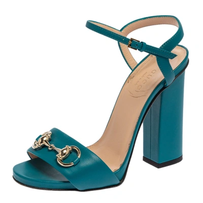 Pre-owned Gucci Blue Leather Horsebit Ankle Strap Open Toe Block Heel Sandal Size 35