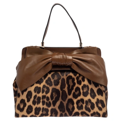 Pre-owned Valentino Garavani Brown Leather And Calf Hair Animal Print Aphrodite Bow Bag
