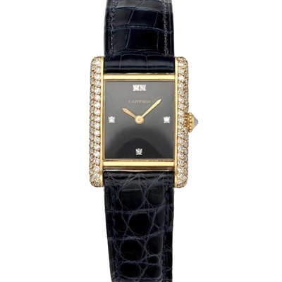 Pre-owned Cartier Black Diamonds 18k Yellow Gold Tank Paris 78227 Women's Wristwatch 20 Mm