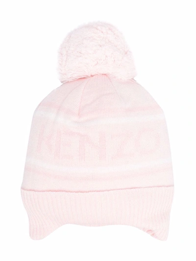 Kenzo Kids' Logo Cotton Blend Knit Hat W/ Pompom In Pink