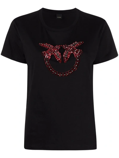Pinko Cotton T-shirt With Love Birds Embroidery In Black