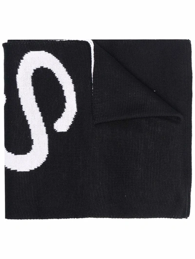 Msgm Intarsia-logo Knit Scarf In Black