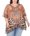 White Mark Plus Size Short Caftan With Tie-up Neckline In Brown Cheetah