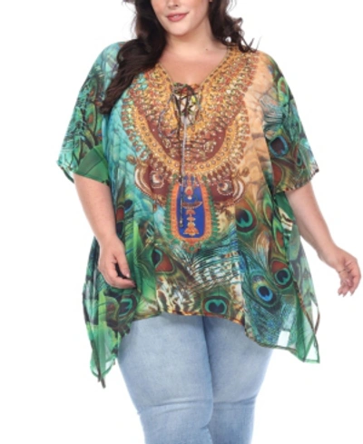 White Mark Plus Size Short Caftan With Tie-up Neckline In Green Peacock