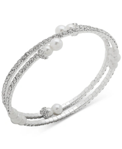 Anne Klein Silver-tone Imitation Pearl & Crystal Coil Bracelet