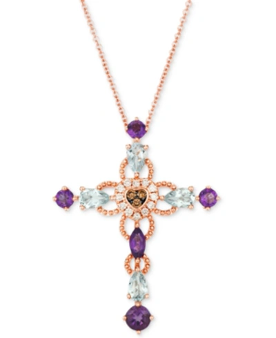 Le Vian Multi-gemstone (1-1/5 Ct. T.w.) & Diamond (1/8 Ct. T.w.) Cross 18" Pendant Necklace In 14k Rose Gold In Strawberry Gold
