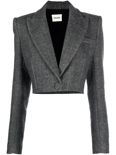 Khaite Lucille Cropped Herringbone Wool-tweed Blazer In Grey