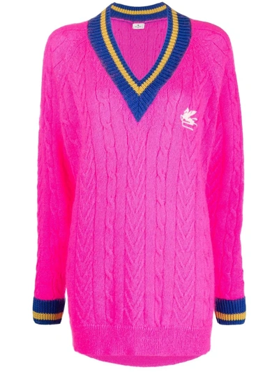 Etro Embroidered-logo Cable-knit Jumper In Fuchsia