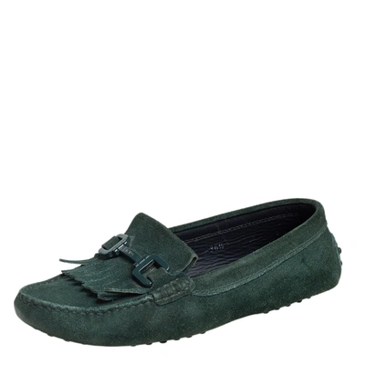 Pre-owned Tod's Green Suede Fringe Slip On Loafers Size 36.5