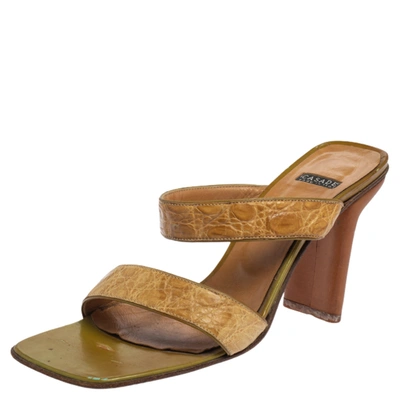 Pre-owned Casadei Beige Croc Embossed Leather Square Toe Slide Sandals Size 37