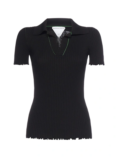 Bottega Veneta Womens Black Ribbed Cotton-knit Polo Shirt M