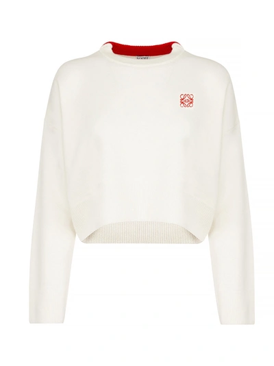 Loewe Wool Cropped Jumper With Logo Embroidery In Cream