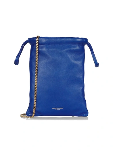 Saint Laurent Drawstring Leather Crossbody Pouch In Blue