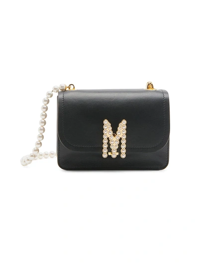 Moschino Women's Mini M Logo Pearl-embellished Shoulder Bag In Black