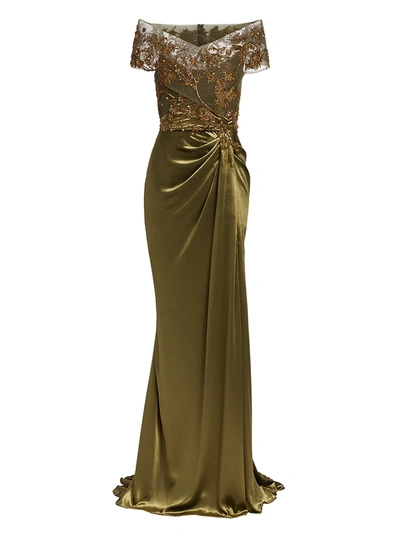 Marchesa Beaded Off-the-shoulder Draped Gown In Cardamom
