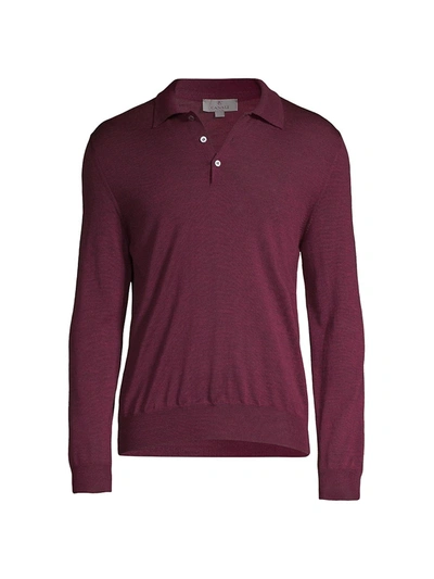 Canali Long-sleeve Wool Polo Shirt In Burgundy