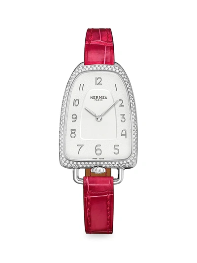 Herm S Women's Galop 40mm Stainless Steel, Diamond & Alligator Strap Watch In Red