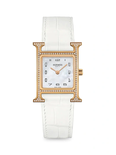 Herm S Women's Heure H 25mm 18k Rose Gold, Diamond & Alligator Strap Watch In White