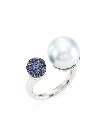 Yoko London 18k White Gold Pearl & Sapphire Ring In Pearl Silver
