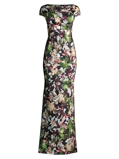 Kay Unger Printed Mikado Jules Column Gown In Champagne Rose Black Lily