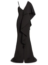 Badgley Mischka Asymmetrical Neoprene Ruffle Gown In Black