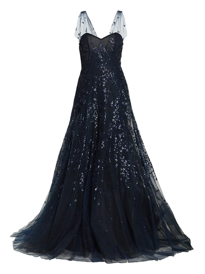 Amsale Sequined Tulle Gown In Navy