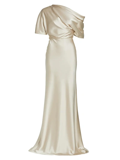 Amsale One-shoulder Fluid Satin Gown In Champagne