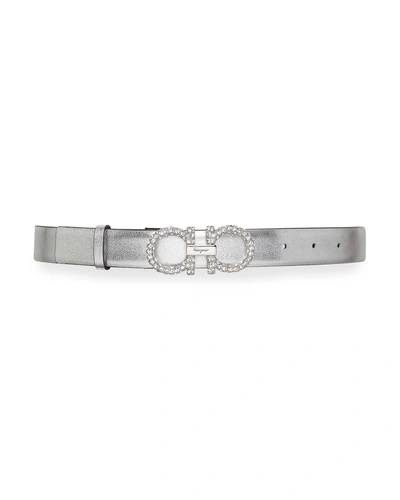 Ferragamo Strass Gancini-buckle Leather Belt In Argento