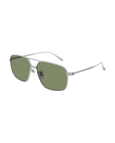 Dunhill Men's Lightweight Titanium Rectangle Sunglasses In Silver Silver Green