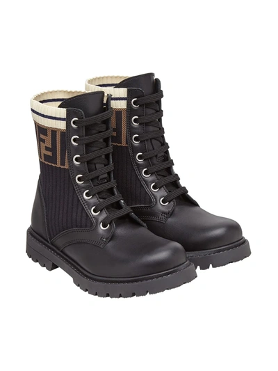 Fendi Kids' Tronchetto Knitted Combat Boots In Black