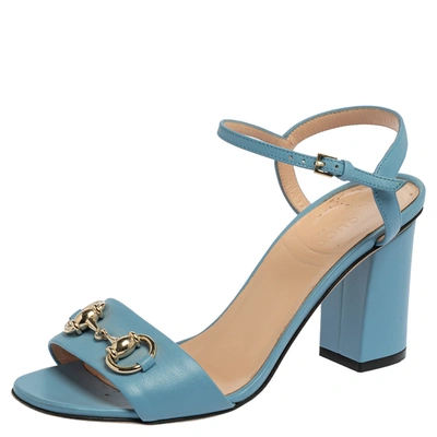 Pre-owned Gucci Light Blue Leather Horsebit Open Toe Ankle Strap Sandals Size 36