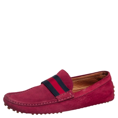 Pre-owned Gucci Burgundy Suede Web Trim Loafers Size 43.5