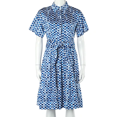 Pre-owned Ch Carolina Herrera Blue Logo Grid Print Cotton Belted Dress S