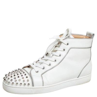 Pre-owned Christian Louboutin White Leather Lou Spiked Zipper Embellished High Top Sneakers Size 44.5